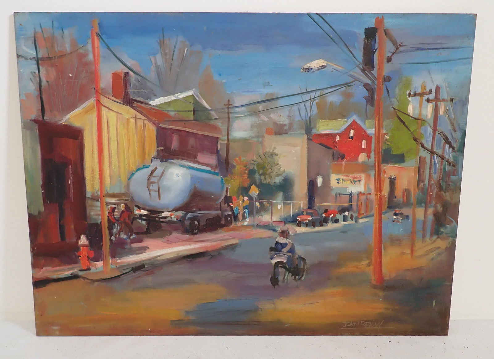 John Reilly Signed Town Scene Oil on Board Painting (1 of 4)