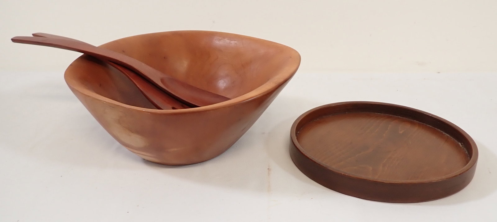 Wooden Salad Bowl Fork Spoon & Tray: Bowl is approx 11 1/2" x 14" x 4 3/4" tall.