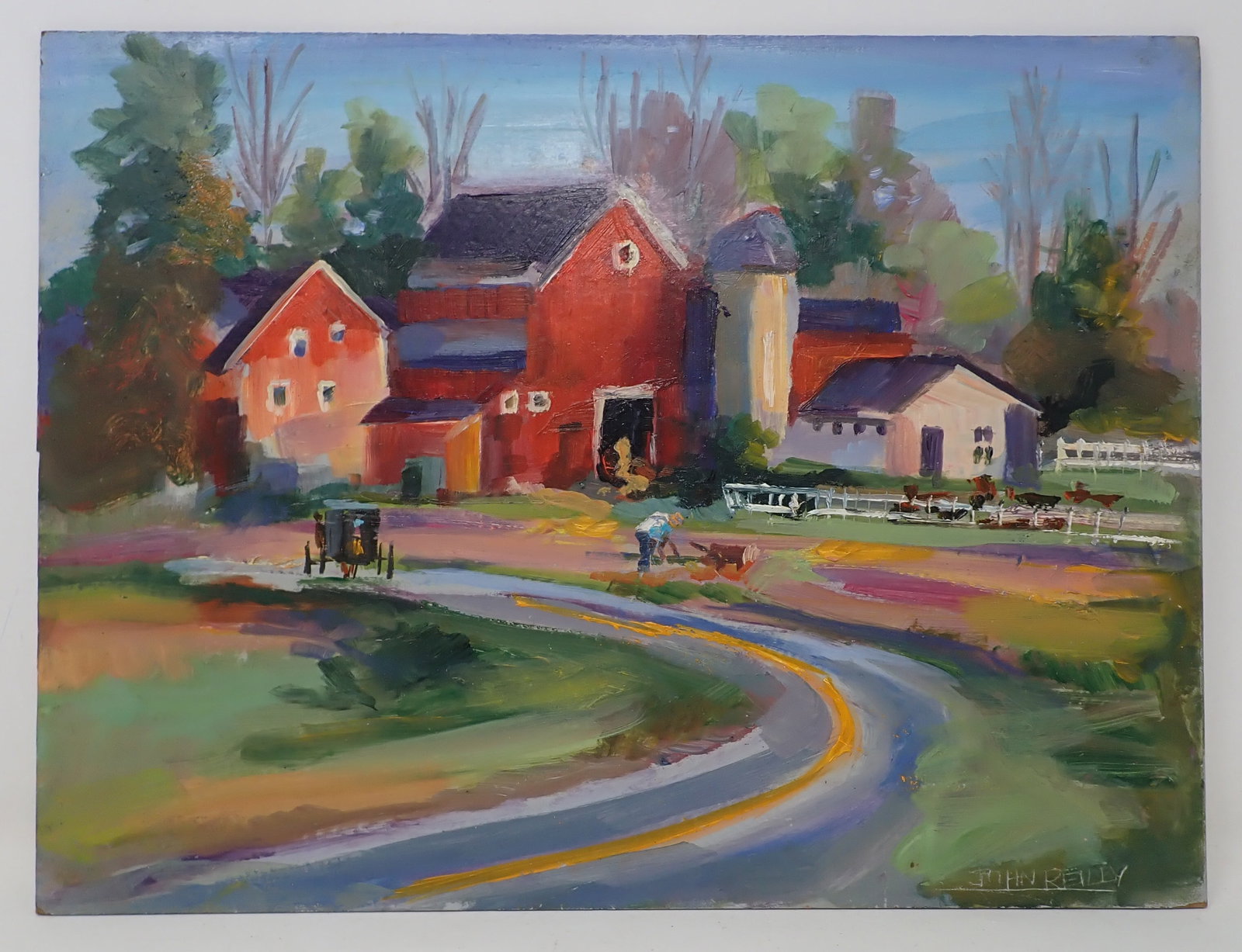 John Reilly Amish Country Oil on Board Painting: Approx 12" x 16"