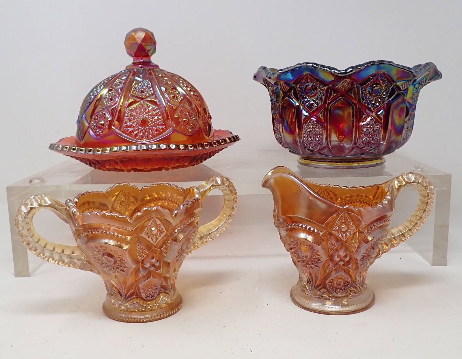 Carnival Glass Butter Dish Bowl Creamer Sugar: Bowl is approx 6 7/8" in diameter and 3 1/2" tall