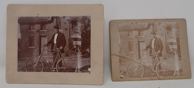2 Early Photos w/ Bicycle & Carriage
