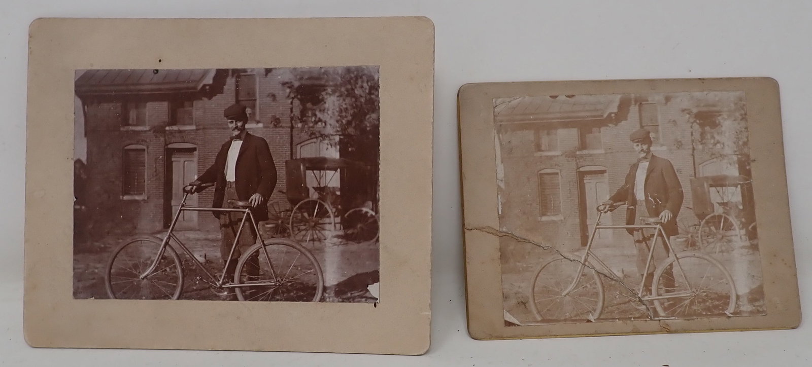 2 Early Photos w/ Bicycle & Carriage: Largest is apprx 4 1/4" x 5 1/4"