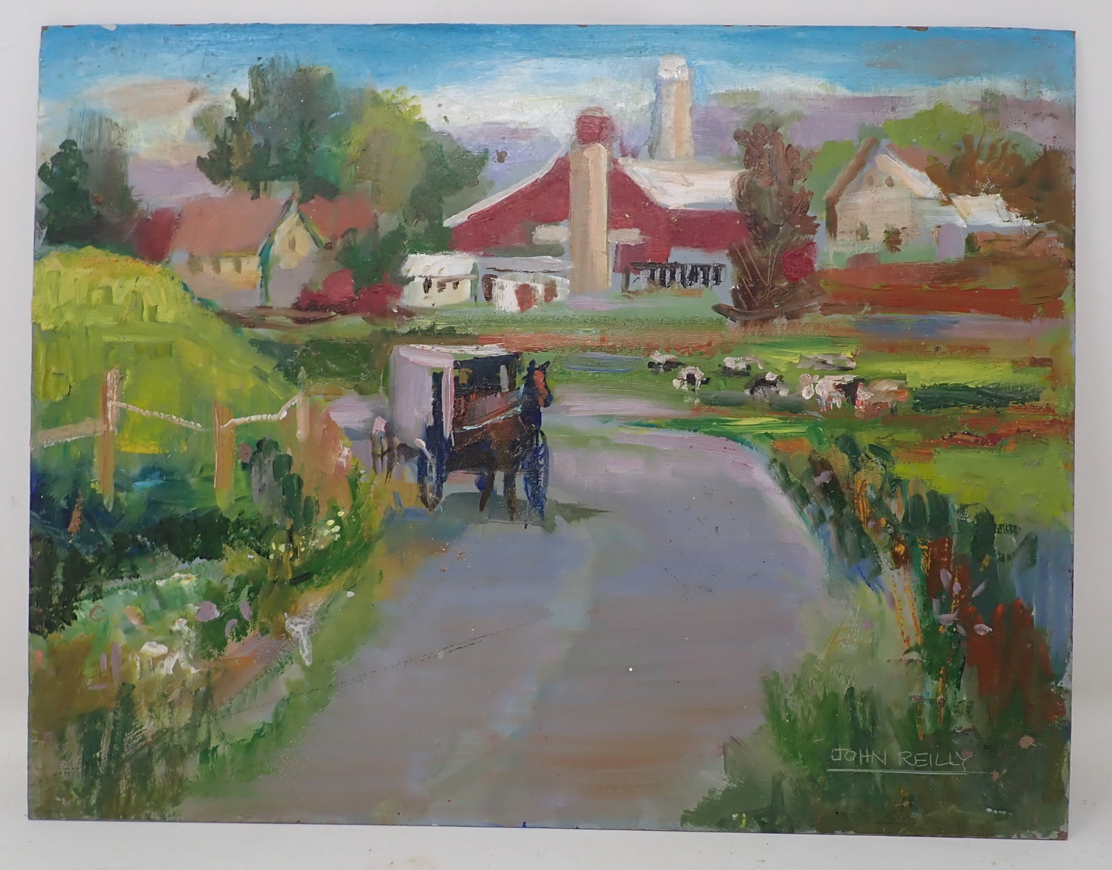 John Reilly Amish Horse & Buggy Painting: Signed oil on board is approx 11" x 14"