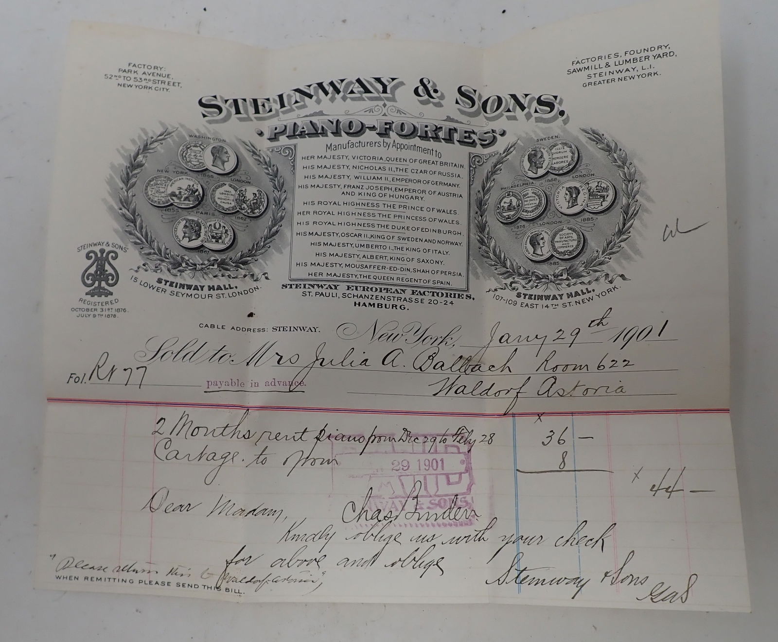 1901 Steinway & Sons Piano Billhead / Receipt (1 of 3)