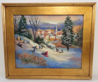 John Reilly Sleigh Riding Oil on Board Painting