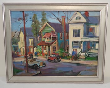 John Reilly Town Scene Oil on Board Painting