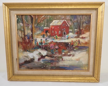 John Reilly Ice Skating Oil on Board Painting