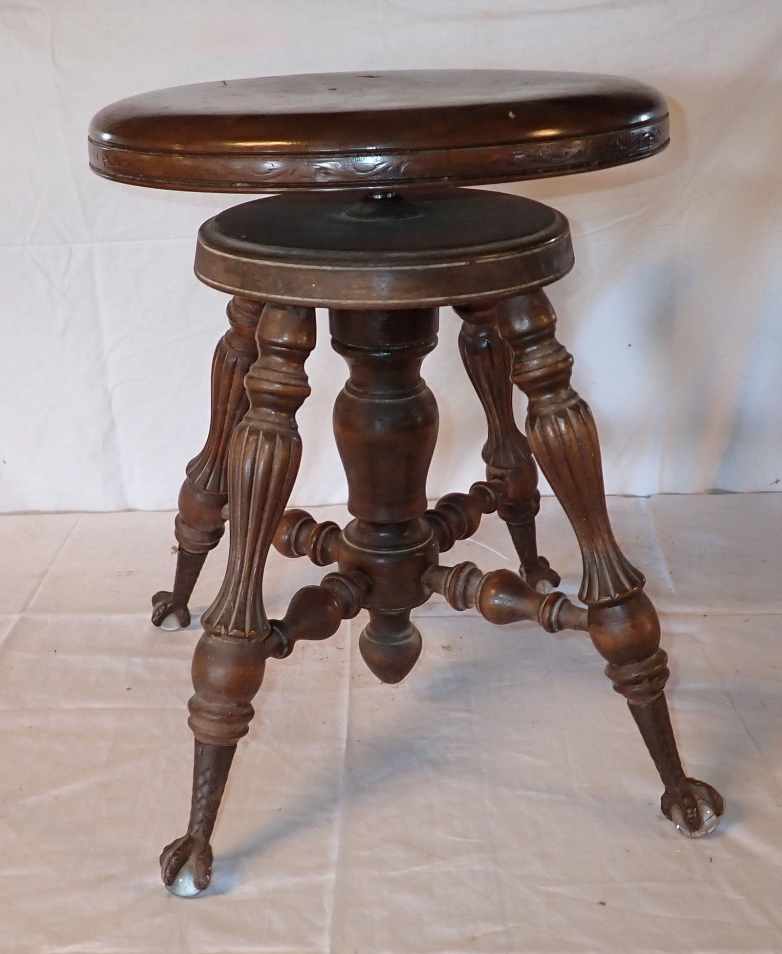 Piano Stool w/ Glass Ball & Claw Feet: Approx 14 1/2" in diameter and 18 3/4" tall. NO SHIPPING !
