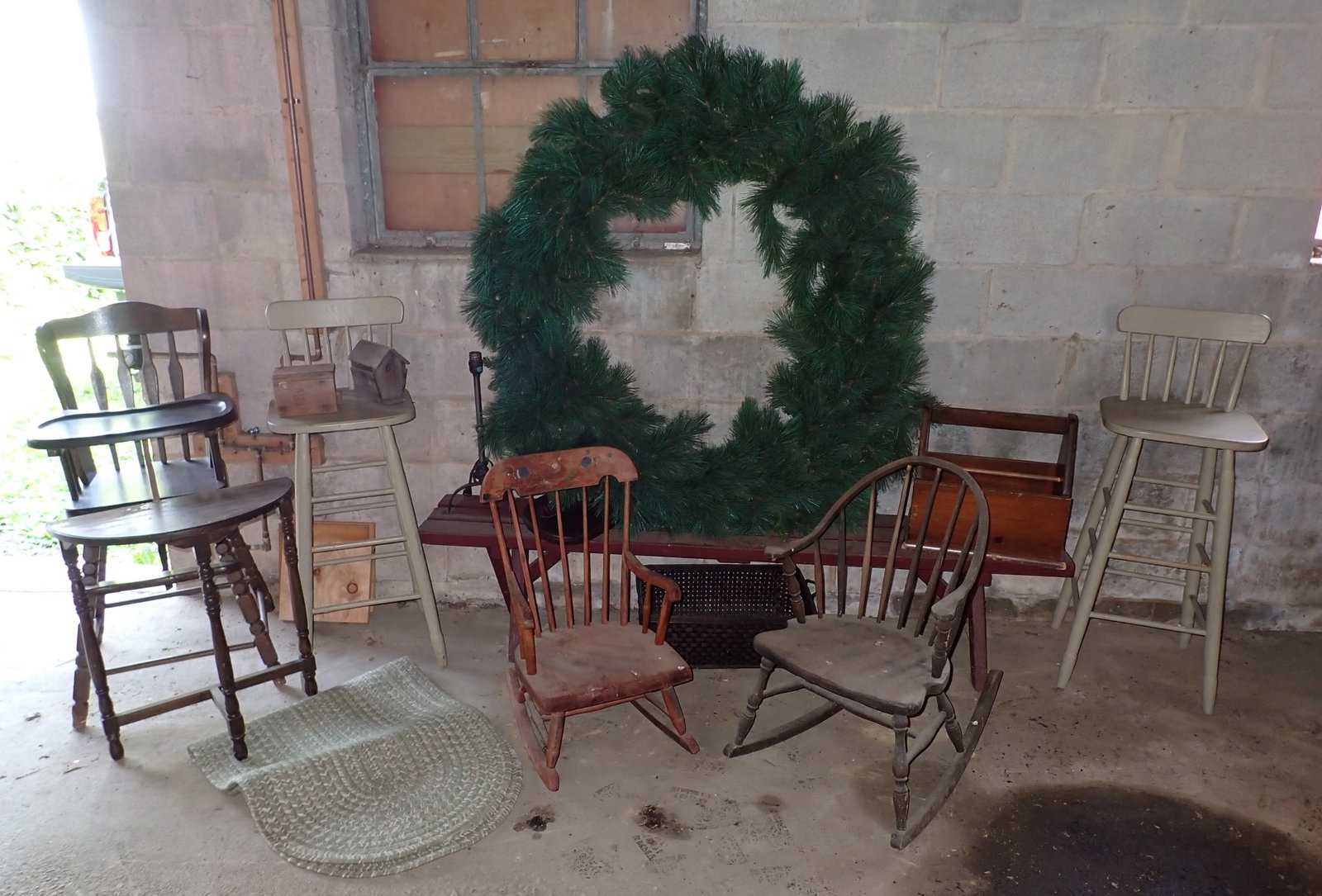 Bar Chairs Wreath Tote & Misc: Wreath is approx 45" in diameter. Take what you want and leave the rest. No shipping