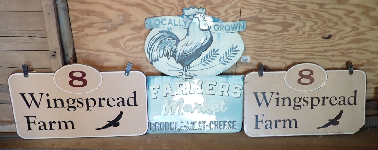 Wooden Wingspread Farm Signs & Tin Market Sign: Wingspread signs are apprx 18" x 30 3/4" and both are double sided. One on right has Drive Safe Fly Safe on reverse. No shipping