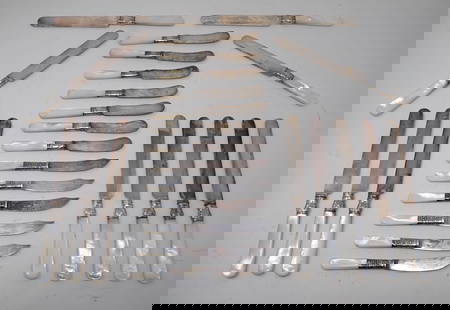 Knives w/ Mother of Pearl Handles & Sterling Silver Bands: Mother of Pearl handles and sterling silver bands. There is Reed & Barton, Meridan , and Landers Frary & Clark. Longest are approx 8"