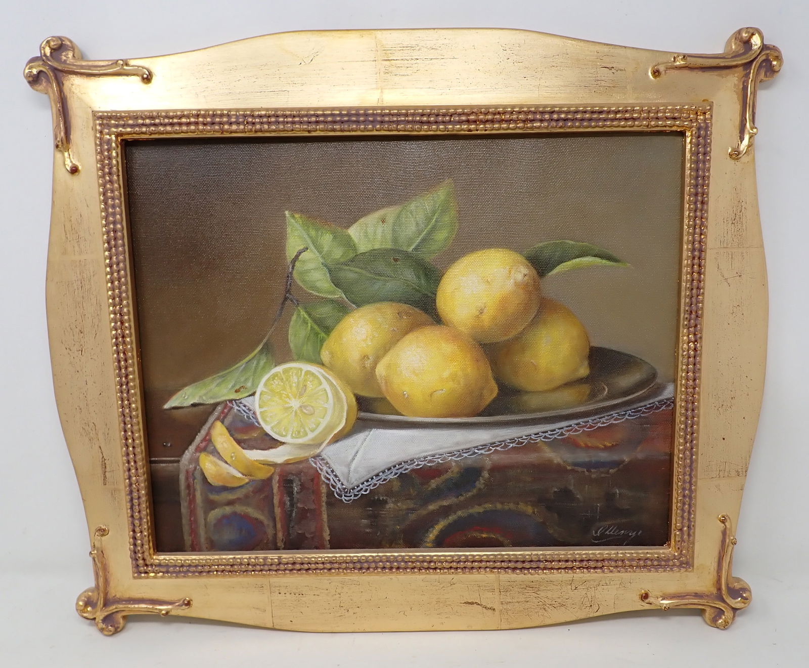 2003 Lemons on Pewter Still Life Oil Painting: Signed oil on canvas painting is approx 15 1/2" X 18 5/8". If shipping is needed contact UPS Store 5528 to get a quote BEFORE bidding. We will not give any refunds because of shipping prices.