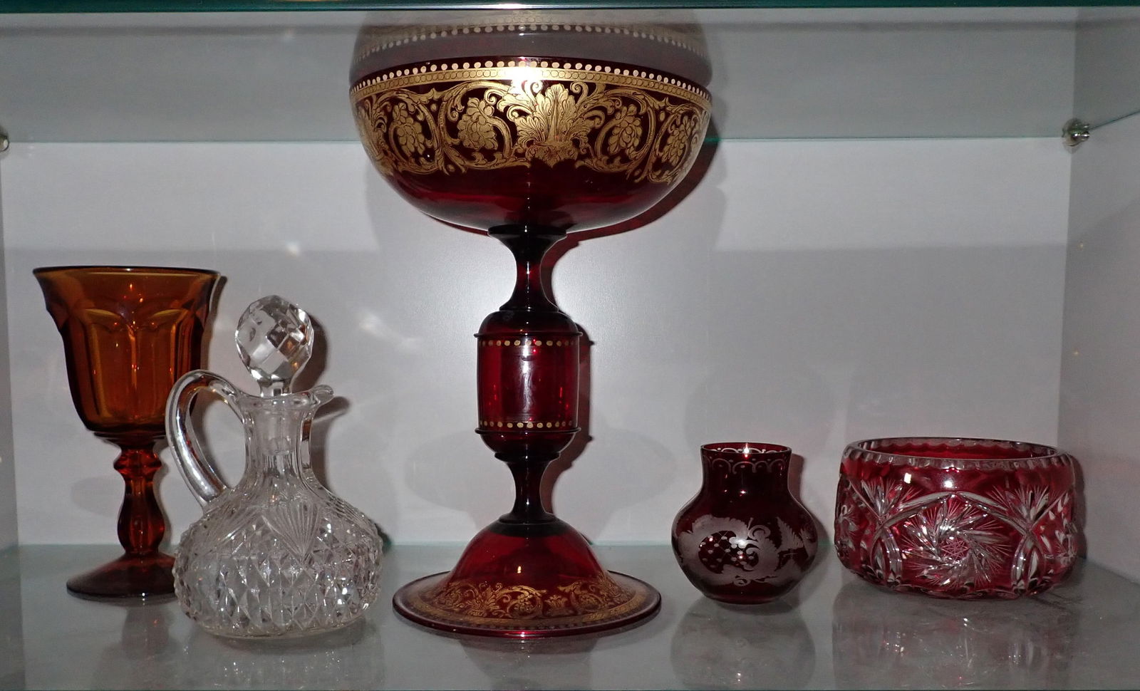 Bohemian Gilt Overlay Compote , Cruet , & Misc (1 of 6)