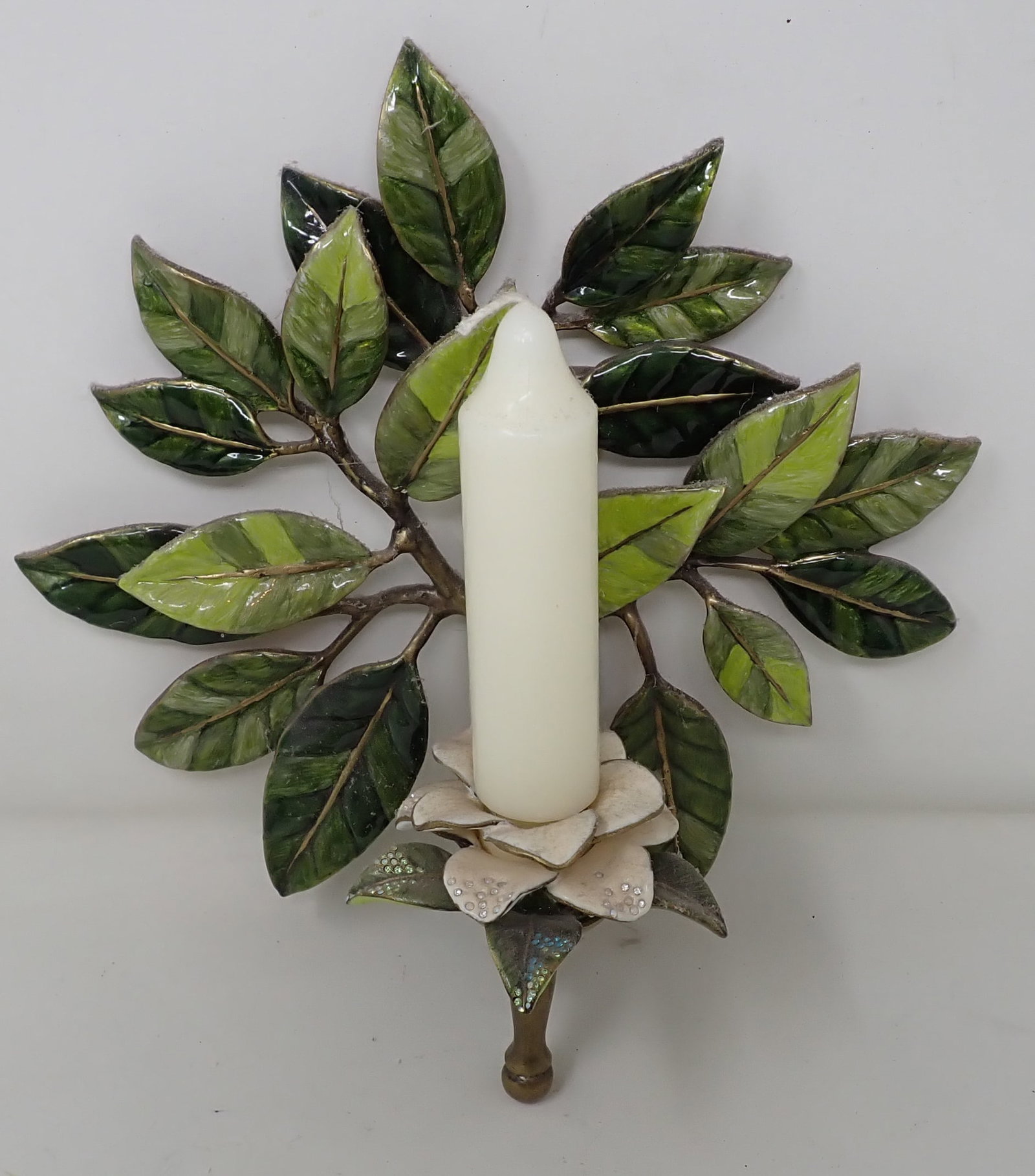 Jay Strongwater Enameled Brass Gardenia Candle Sconce: Wall Candle Sconce is approx 10 3/4" x 11" tall.