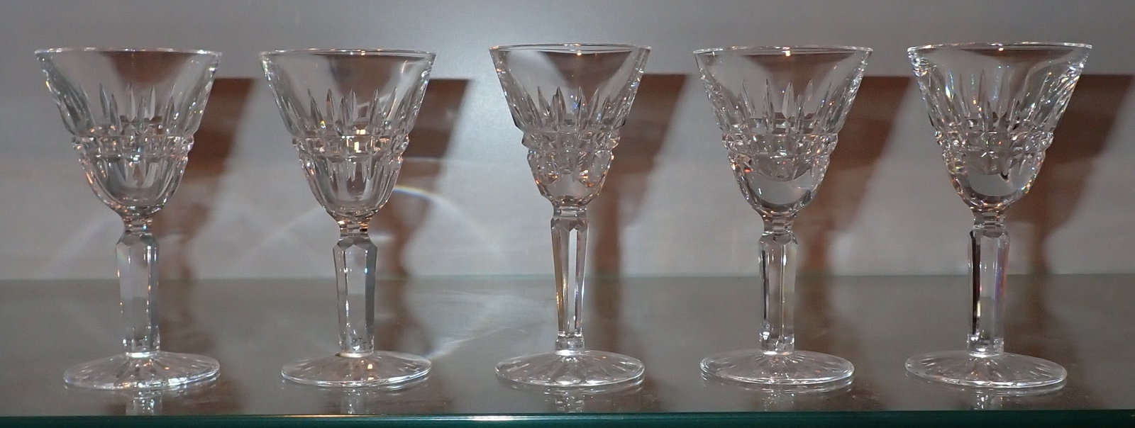 5 Waterford Crystal Cordial Glasses: Approx 2" in diameter and 4" tall.