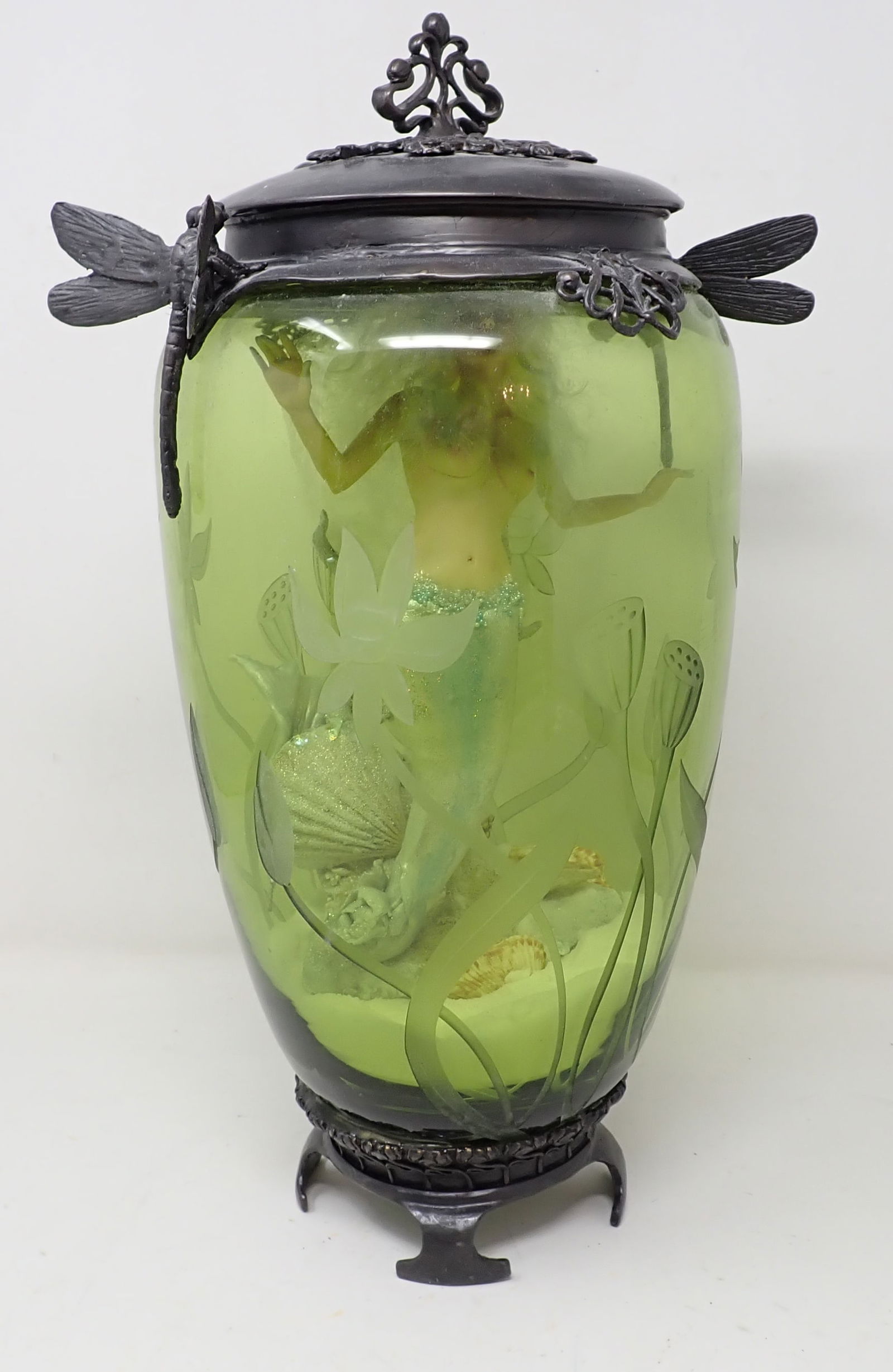 Mermaid in Etched Glass Jar w/ Pewter Dragonflies: Apprx 6" in diameter and 14 1/2" tall. NO SHIPPING ! Mermaid is possibly done by Mollamari.