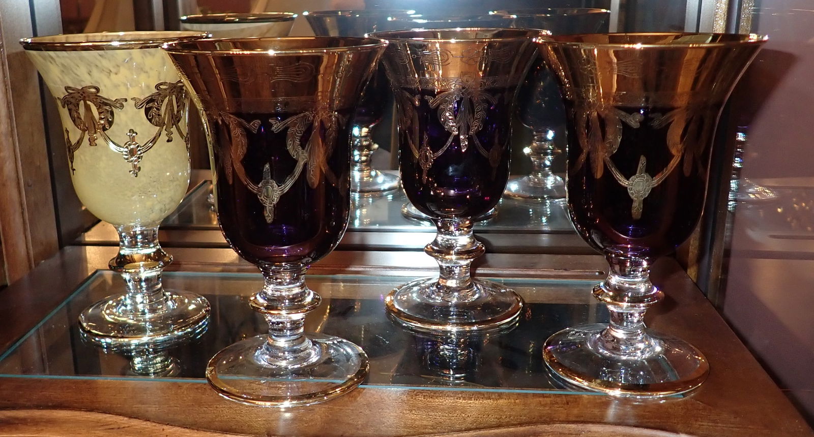 4 Gold Overlay Goblets: Approx 4" in diameter and 6 1/2" tall