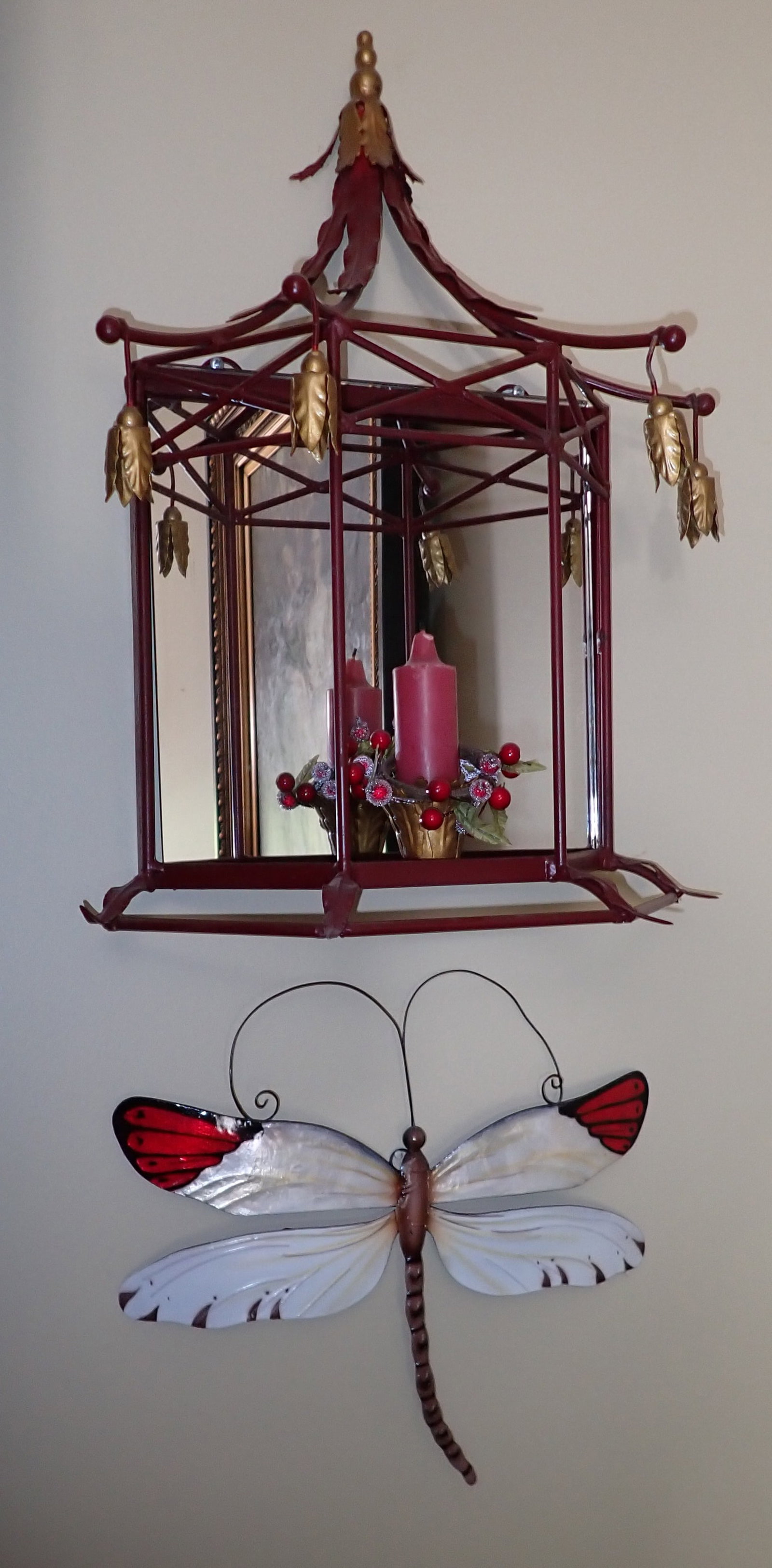 Tin Dragonfly & Mirrored Candle Shelf: Shelf is approx 7" x 15" x 20". No shipping