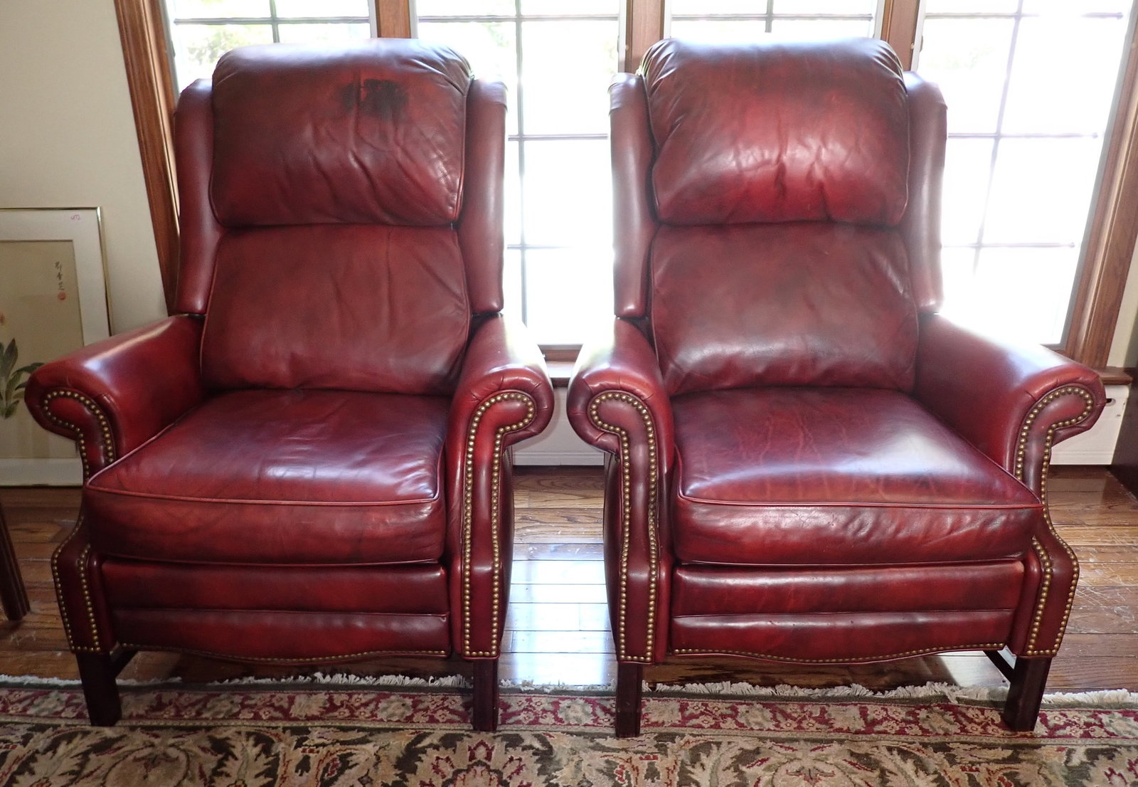 Pair of Recliners: Approx 36" wide, 20" to seat, 19" deep, 45" tall. No shipping ! Bring proper help to remove ! Do not slide across floor !