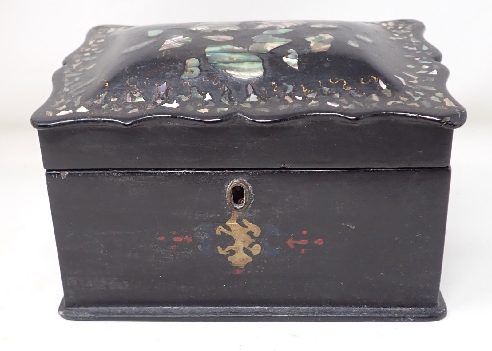 Card Box w/ Mother of Pearl Inlay: Approx 4" x 6 1/2" x 4 1/2" tall.