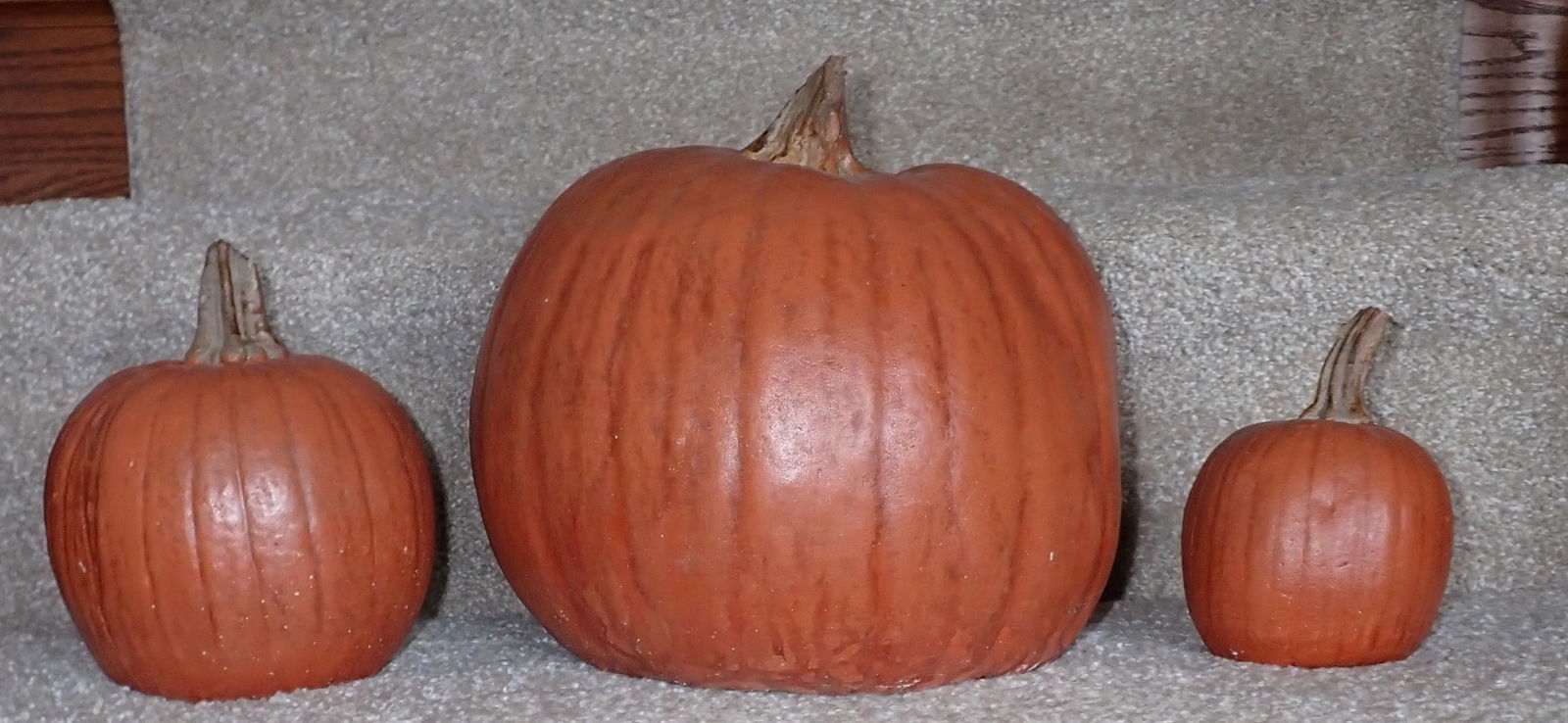 3 Concrete Pumpkins: Largest is apprx 9" in diameter and 10" tall. No shipping !