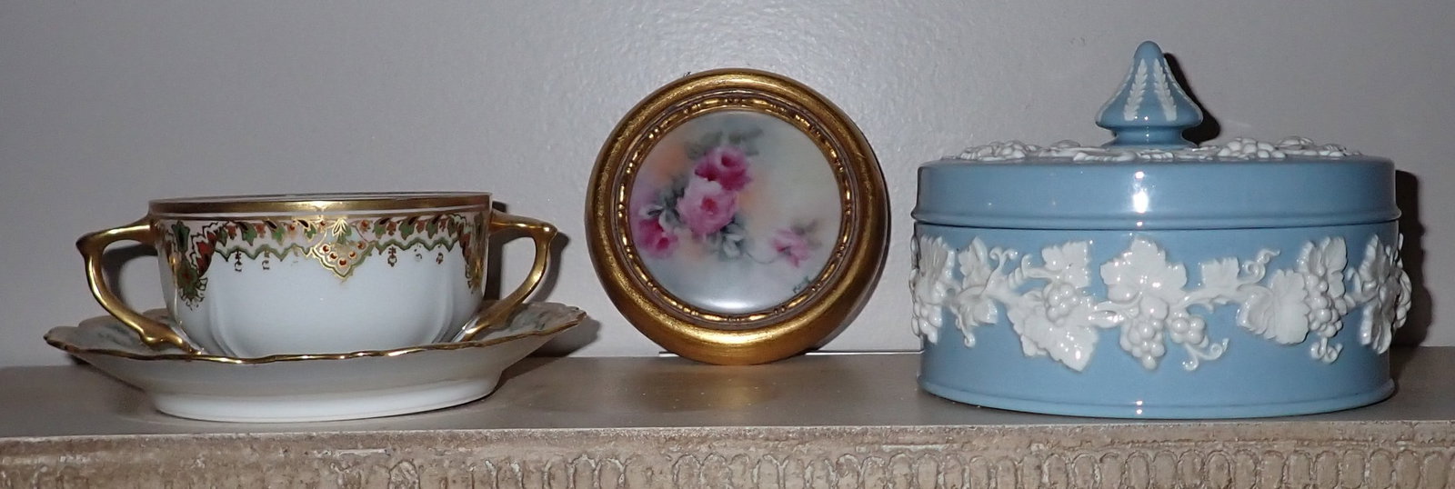 Wedgwood Powder Jar Limoges Cup Saucer: Also included is a Florence Monk Painting on Porcelain. Wedgwood jar is apprx 5" in diameter and 4 1/4" tall