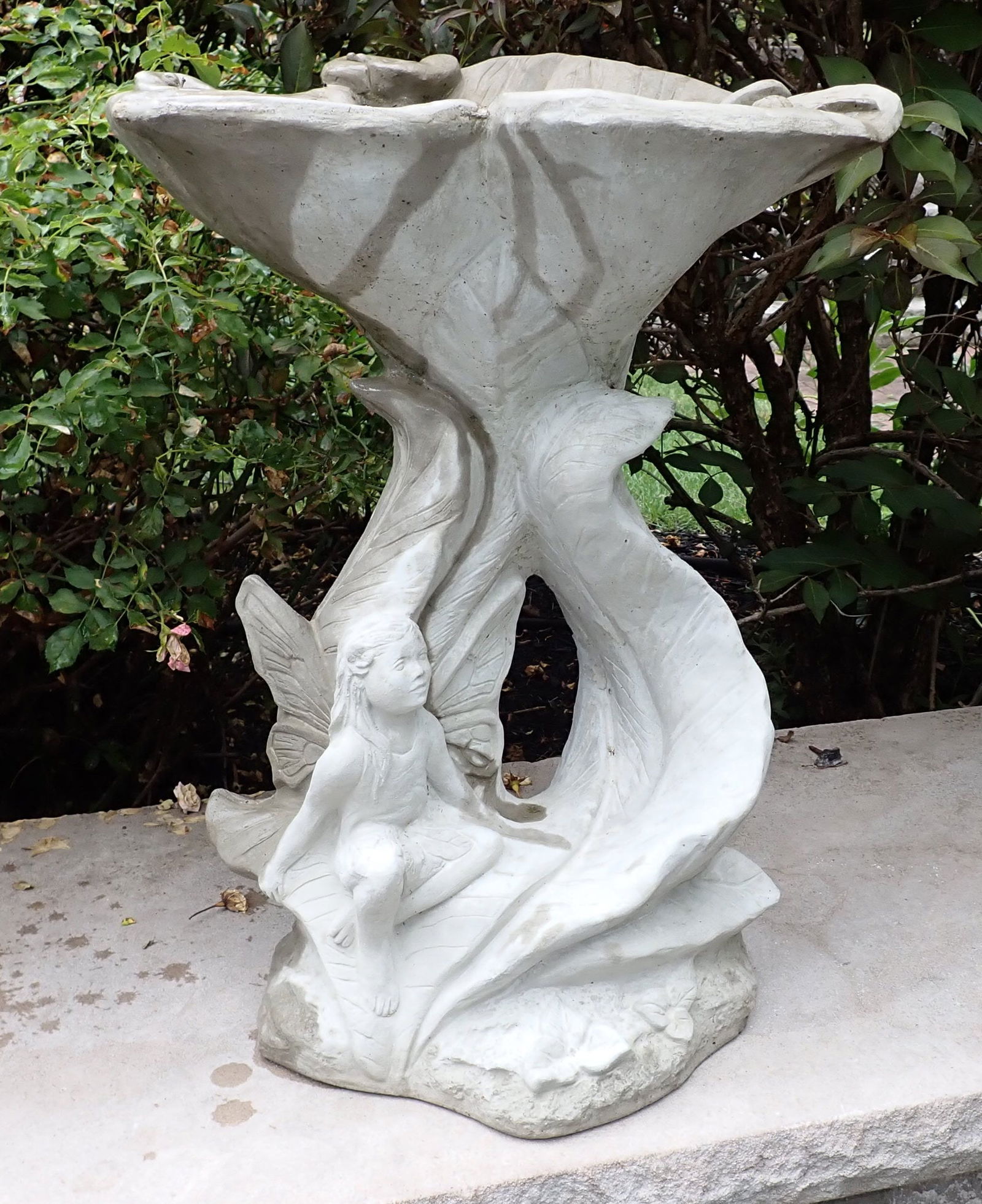 Concrete Fairy Bird Bath: Approx 14 1/4" x 14 1/4" x 18 3/4" tall. No shipping !