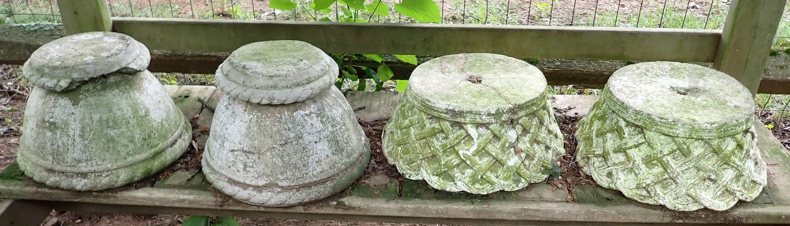 Concrete Planters: Far right one is approx 13 1/2" in diameter and 5 1/2" tall. No shipping ! Take what you want and leave the rest.
