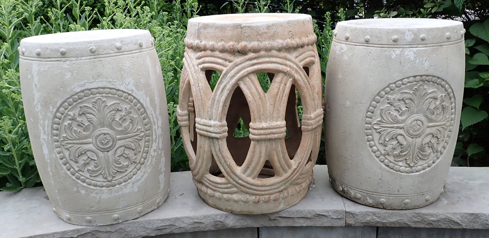 3 Resin Garden Stools: Tallest is apprx 14" in diameter and 19 1/2" tall. NO SHIPPING !