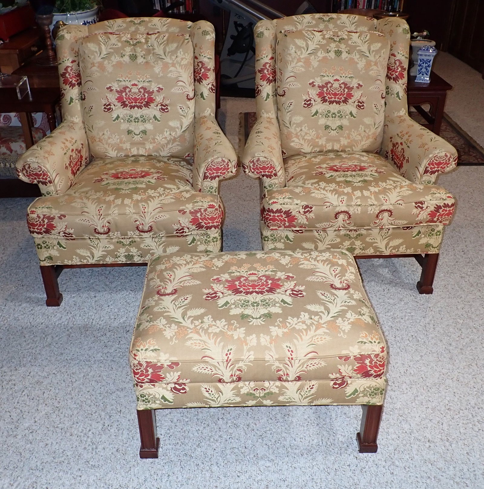 Pair of Hickory Chippendale Wing Chairs & Ottoman (1 of 4)