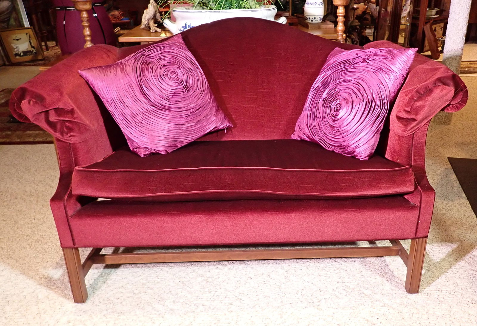 Chippnedale Style Settee: Approx 58" long, 20" to seat, 20 1/2" deep ( to backrest ) 31" total depth , and 35 1/2" tall. No Shipping ! Bring proper help to carry upstairs !