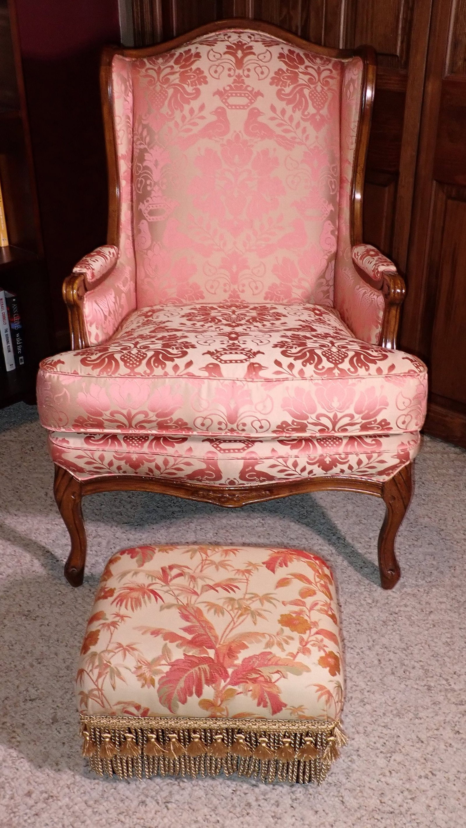 Wing Chair & Ottoman: Chair is apprx 28 1/2" wide, 20 1/2" to seat, 21" deep, 41" tall. No shipping ! Bring help to carry upstairs !