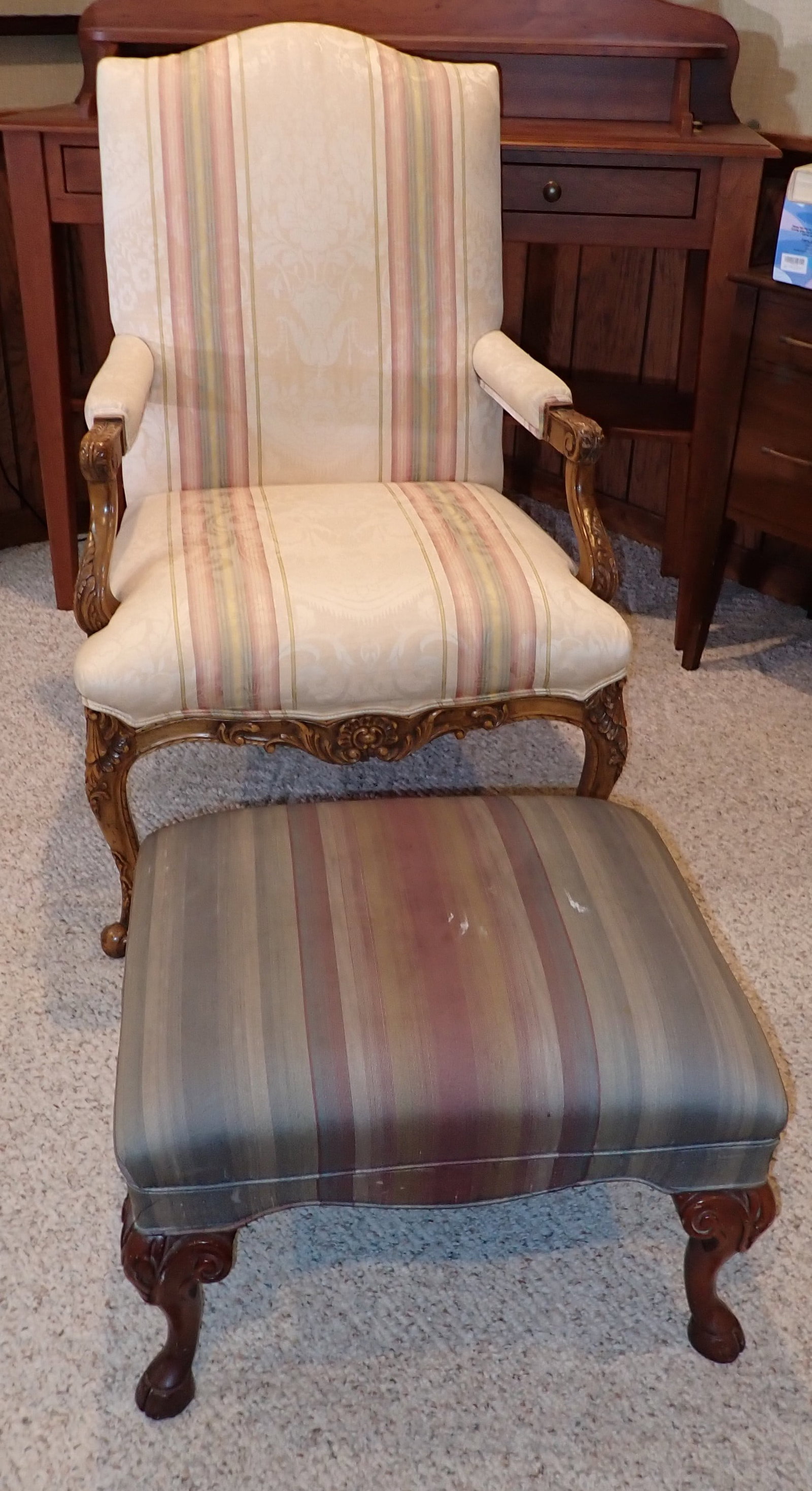 Baker Furniture French Provincial Arm Chair & Ottoman: Chair is approx 27 1/2" wide, 20 1/2" to seat, 22" deep, 43 1/2" tall. Ottoman is not marked Baker. Must take both. Bring proper help to carry upstairs !