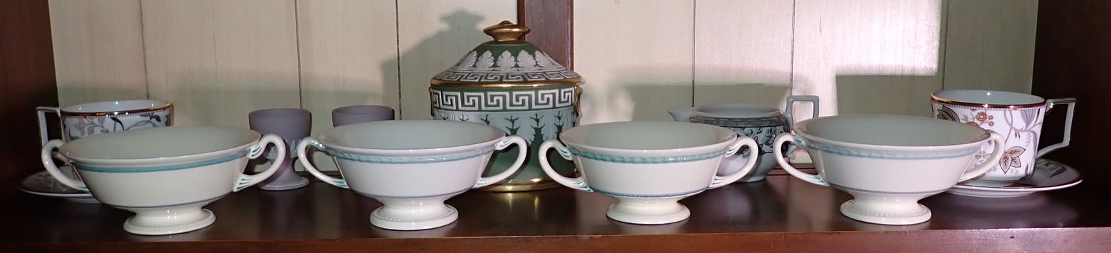 Wedgwood Bowls Egg Cups Saucers & Misc: Bowls are approx 5 1/8" in diameter and 2 1/2" tall. Covered jar is not marked Wedgwood