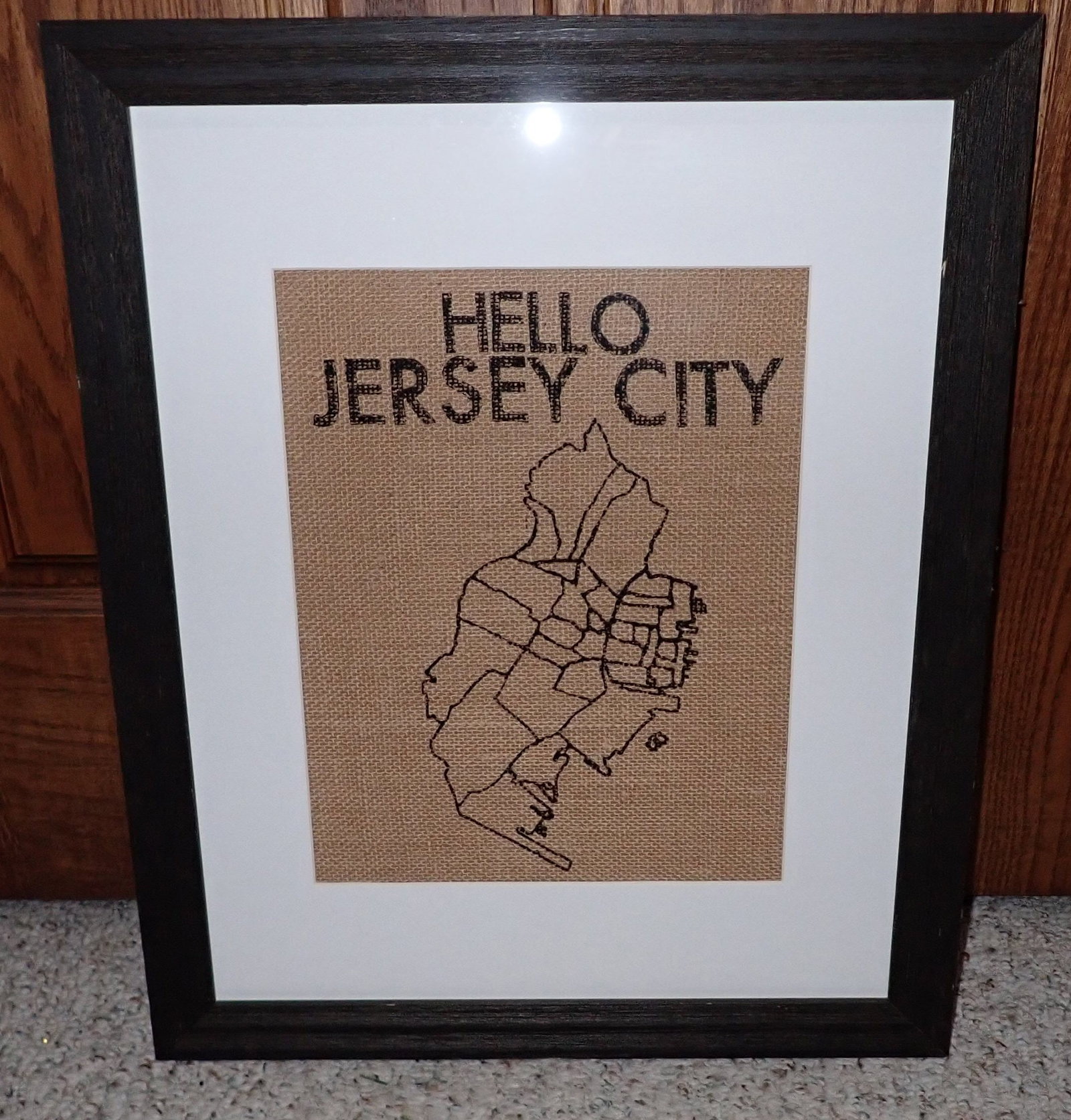 Framed Hello Jersey City NJ Burlap Wall Art: Approx 18 3/4" x 22 3/4". No shipping