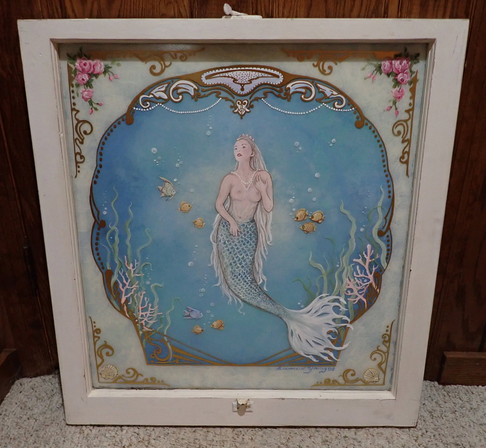 2008 Dianna Young Mermaid Painting on Window: Painted on a window. Approx 28" x 30" . If shipping is needed, contact UPS Store 5528 to get a quote BEFORE bidding , (908)213-6838 and select option 5. There will be no refunds because of shipping pr
