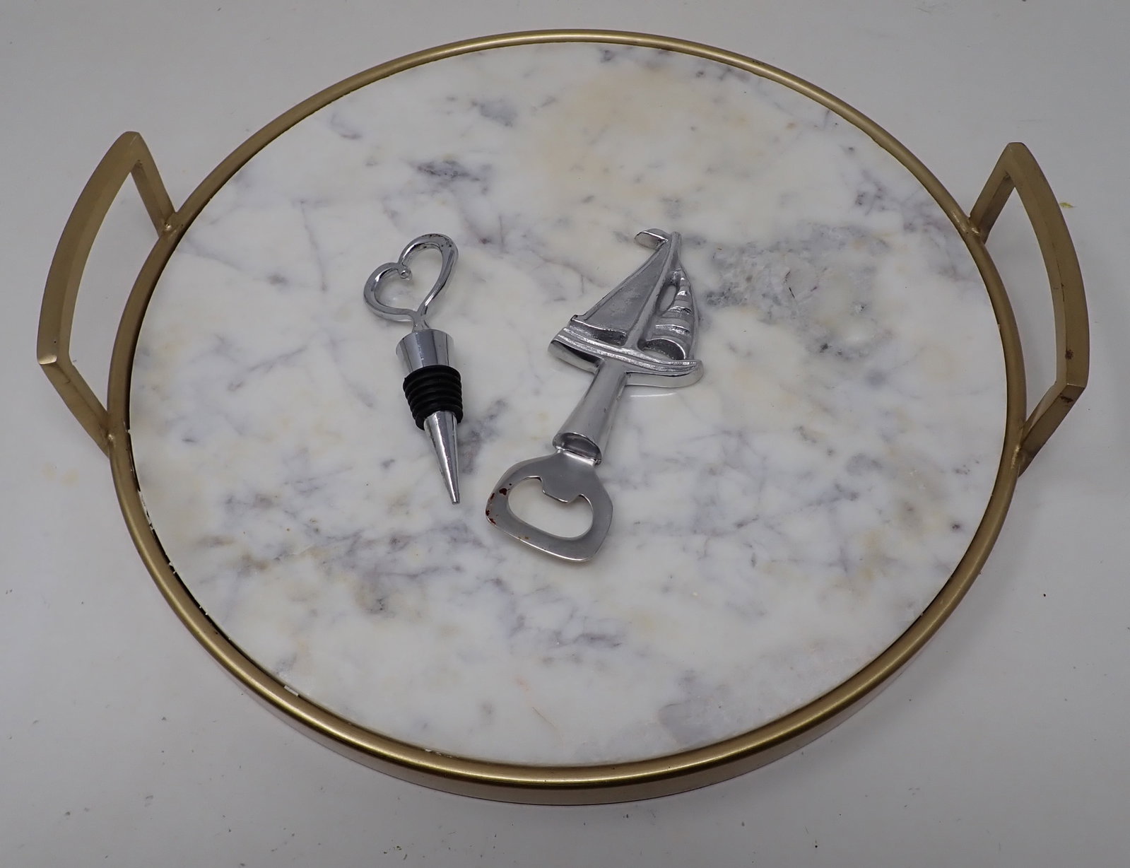 Serving Tray Heart stopper & Sailboat Bottle Opener: Tray is apprx 14" in diameter