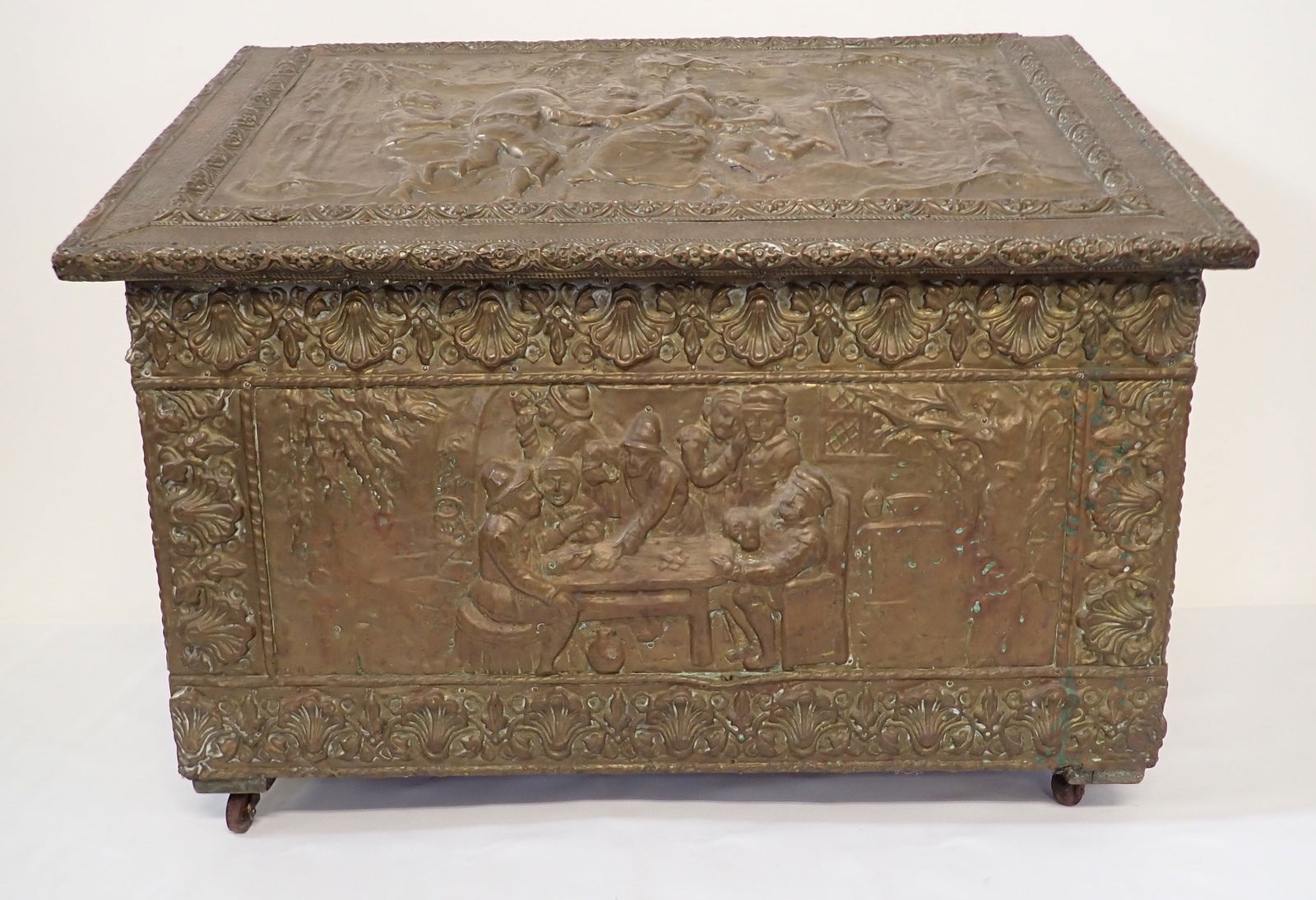 Brass Embossed Fireplace Wood Box: Approx 16 1/4" x 27 5/8" x 21 1/4" tall. No shipping !