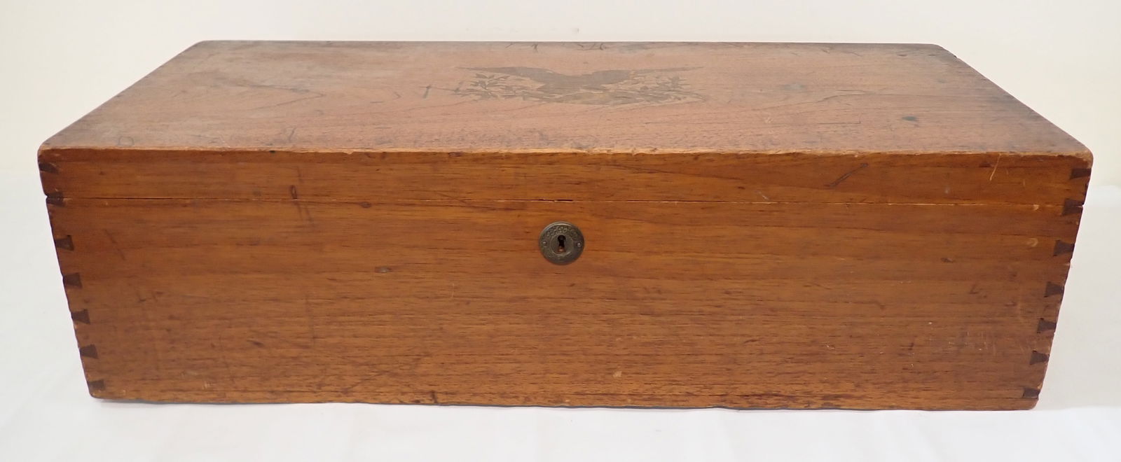 Dovetailed Linen Box w/ Inlaid Eagle: Approx 14 1/4" x 31 1/2" x 9 1/4" tall. No shipping