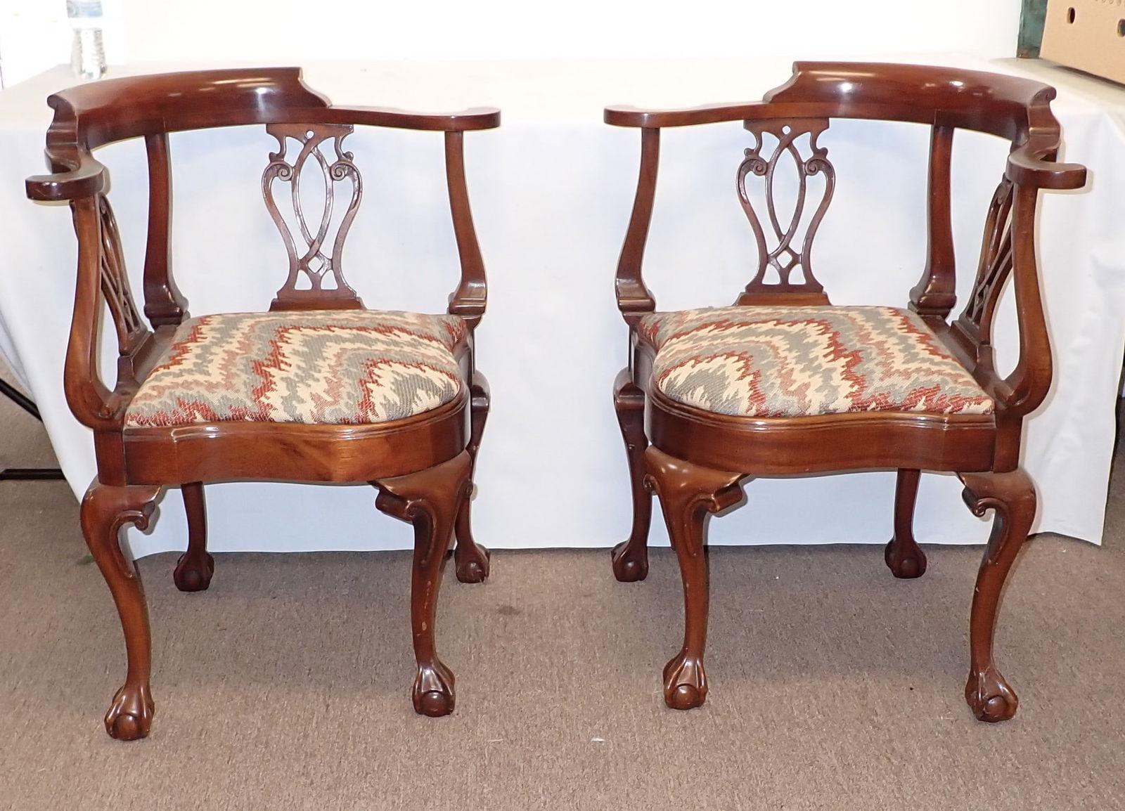 Southwood Corner Chairs w/ Ball & Claw Feet: Apprx 29 3/8" wide, 19" to seat, 22 1/2" deep, 32" tall. No shipping !