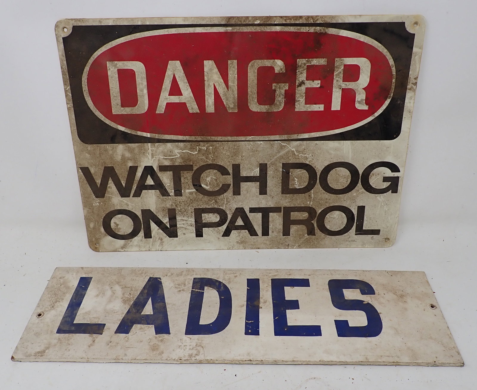 Watchdog on Patrol & Ladies Signs: Watchdog sign is approx 10" x 14" and is plastic. The ladies sign is wooden