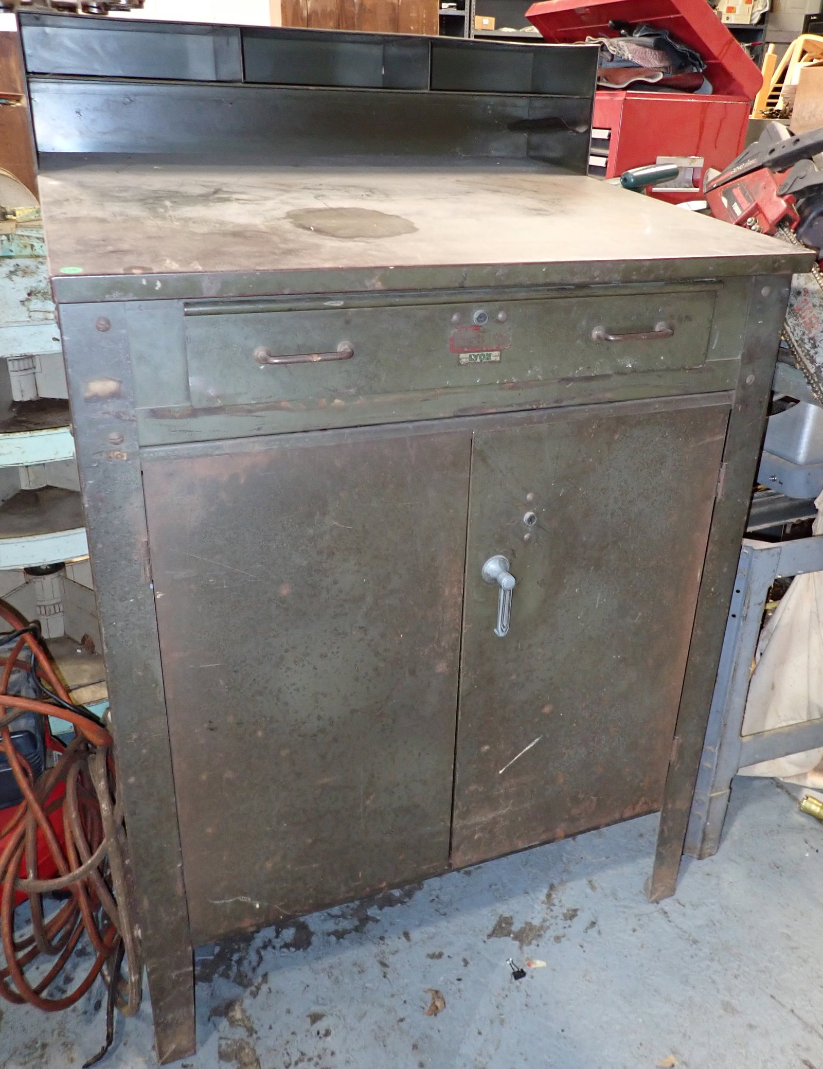 Lyon Industrial Desk / Cabinet: Approx 30 1/4" x 34 1/2" x 53 1/4" tall. No in house shipping ! Bring proper help to remove !