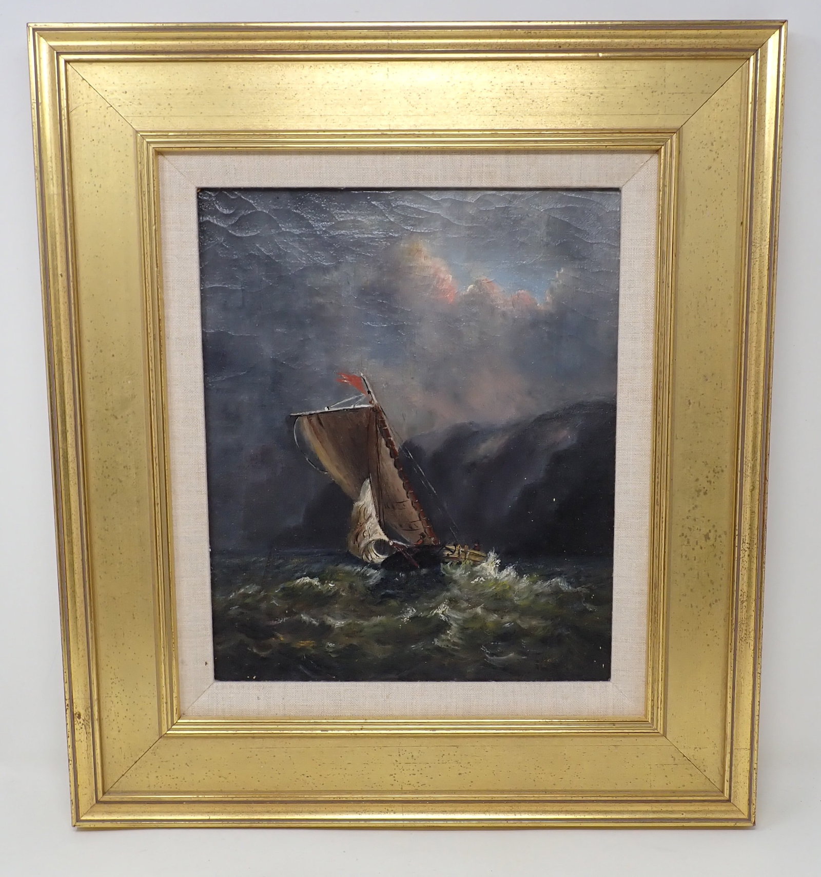 Early Maritime Oil on Canvas Painting: Approx 16 1/2" x 18 3/4". If shipping is needed, contact UPS Store 5528 to get a quote BEFORE bidding. Call (908)213-6838 and select option 5