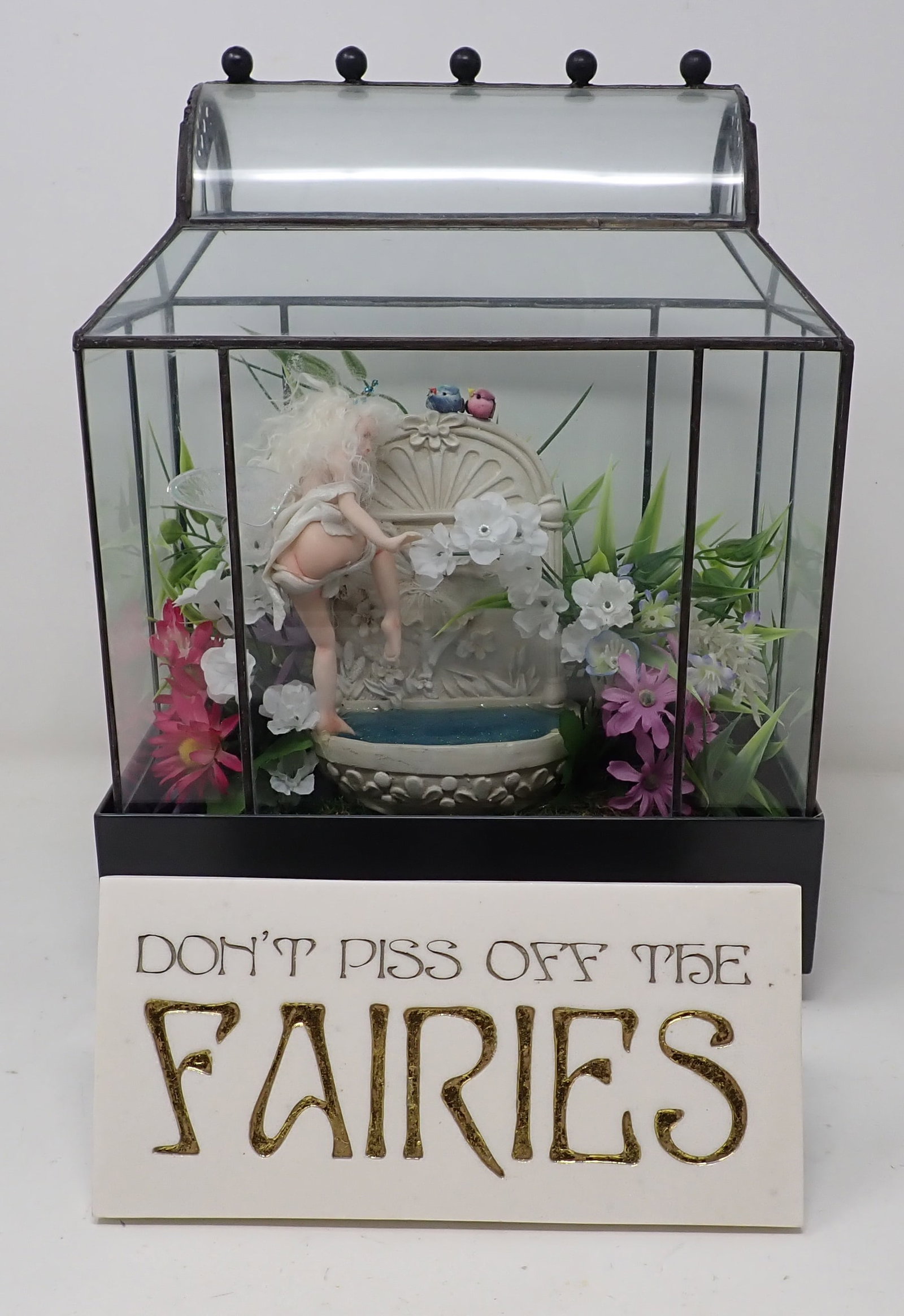 Fairy Sculpture in Terrarium & Sign: Terrarium is approx 5 5/8" x 9 1/4" x 12" tall. No shipping