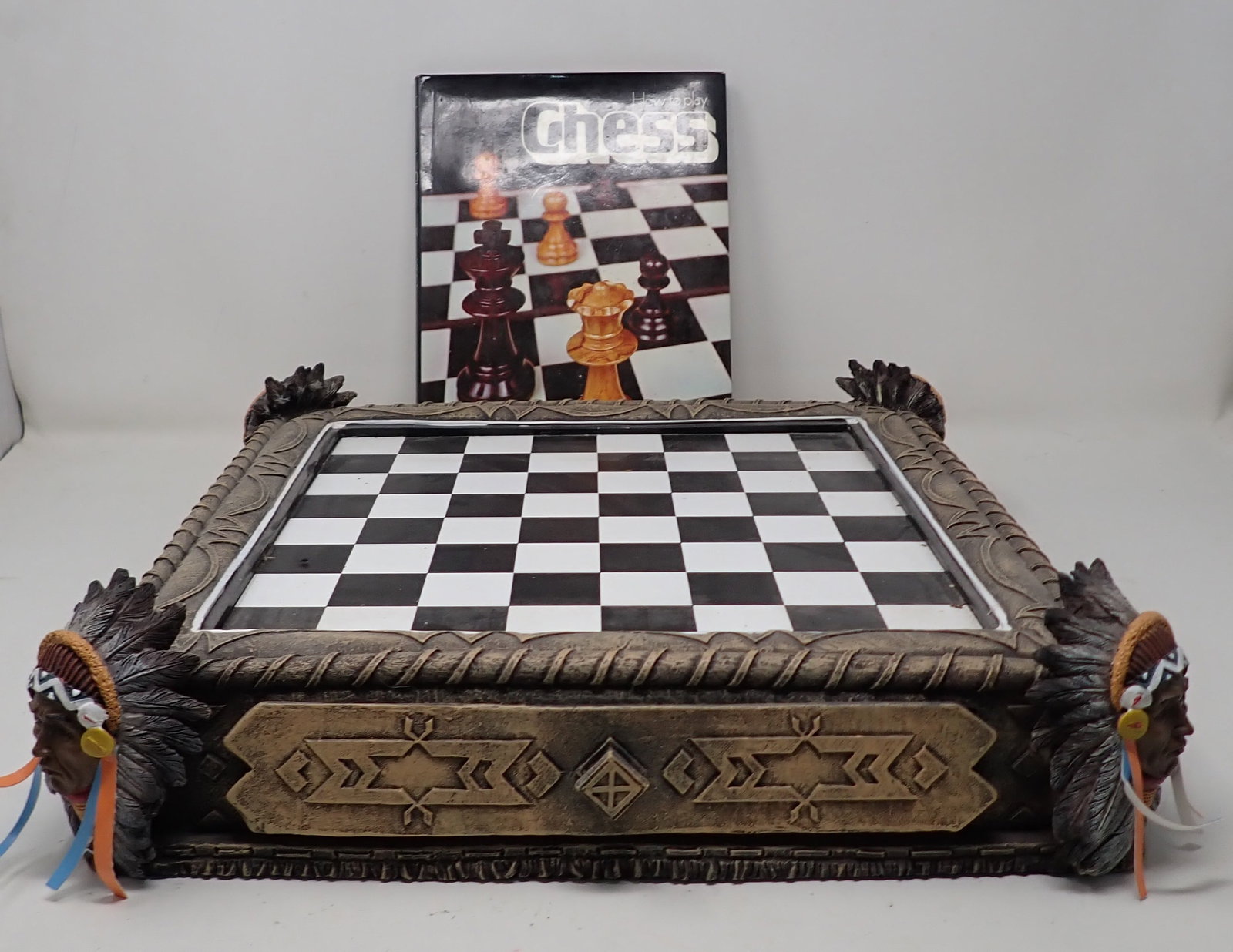 Indian Chess Board & Book: Approx 14" x 14". We do not guarantee it is complete. Sold as pictured. No shipping