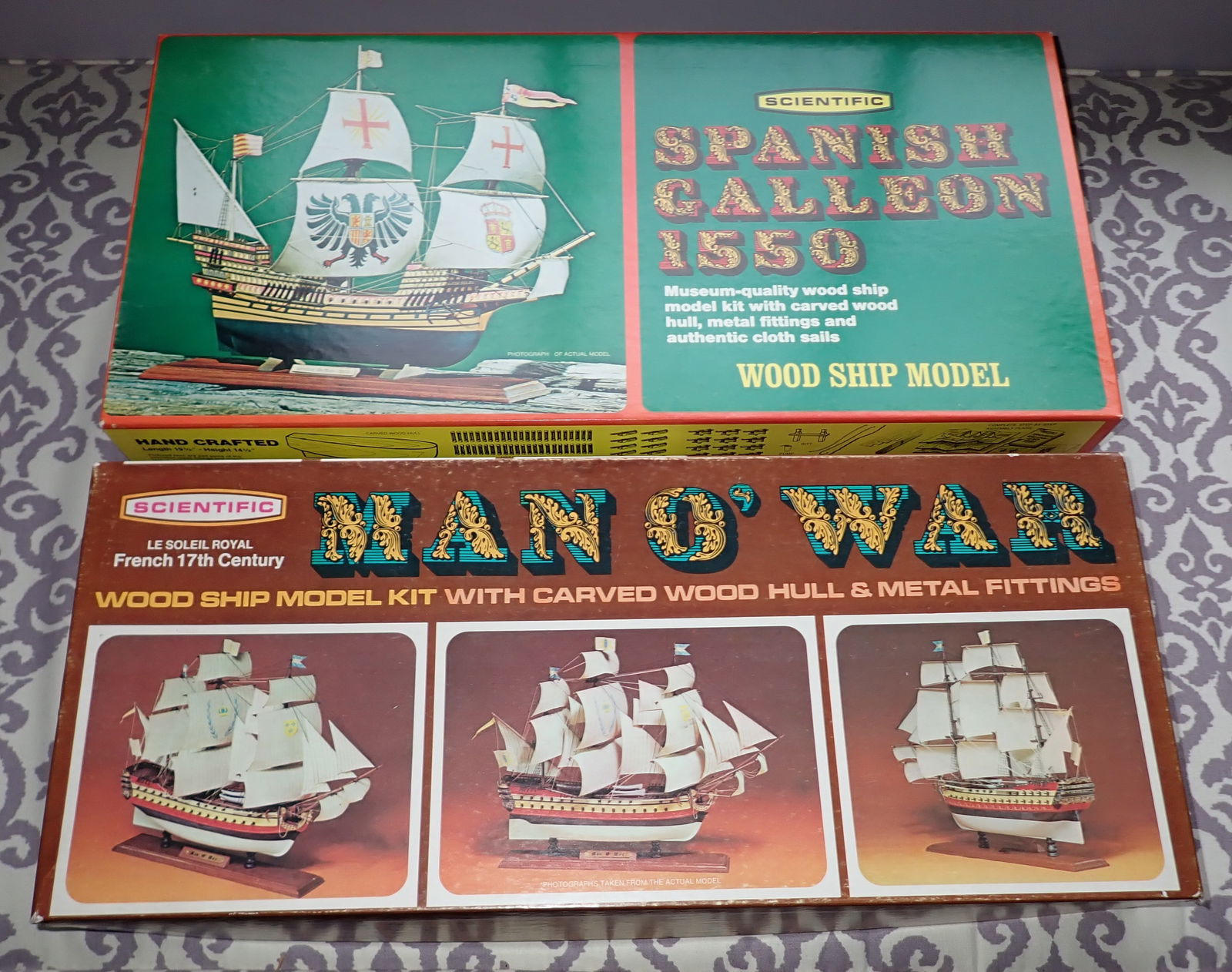 2 Scientific Wood Ship Models: Man O' War & Spanish Galleon 1550. We do not guarantee they are complete. Sold as pictured