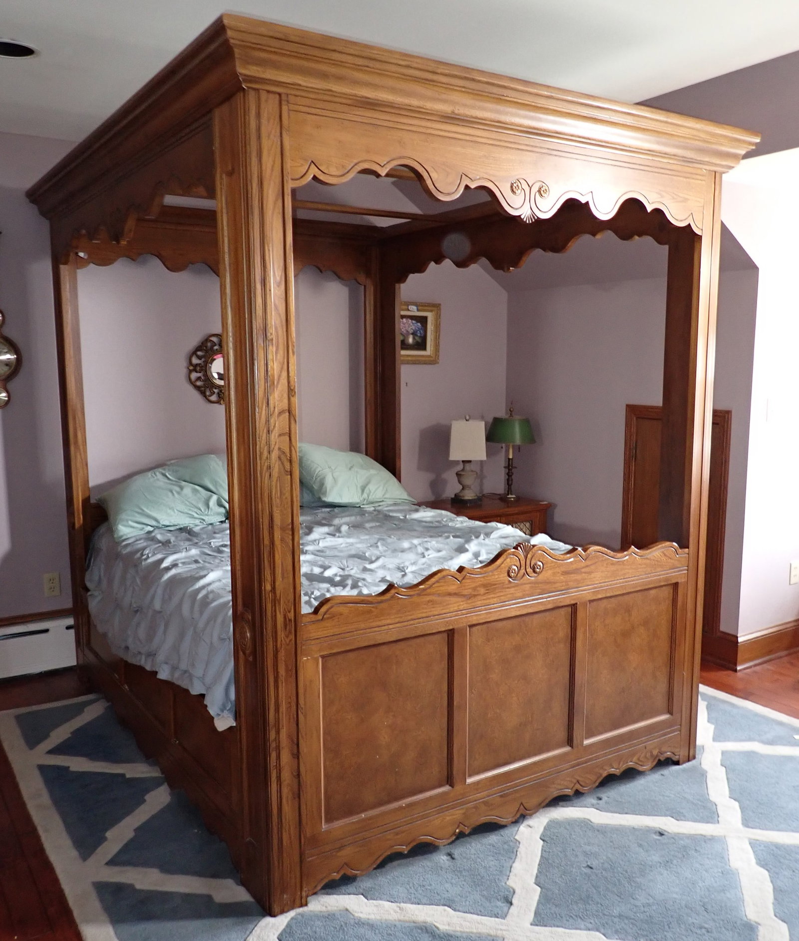 Queen Size Canopy Bed: Apprx 71 5/8" x 91 3/4" x 84 3/4" tall. No shipping ! Bring proper help to take apart and remove from second floor. Pick up and have removed by 3pm. NO shipping ! No canopy included.