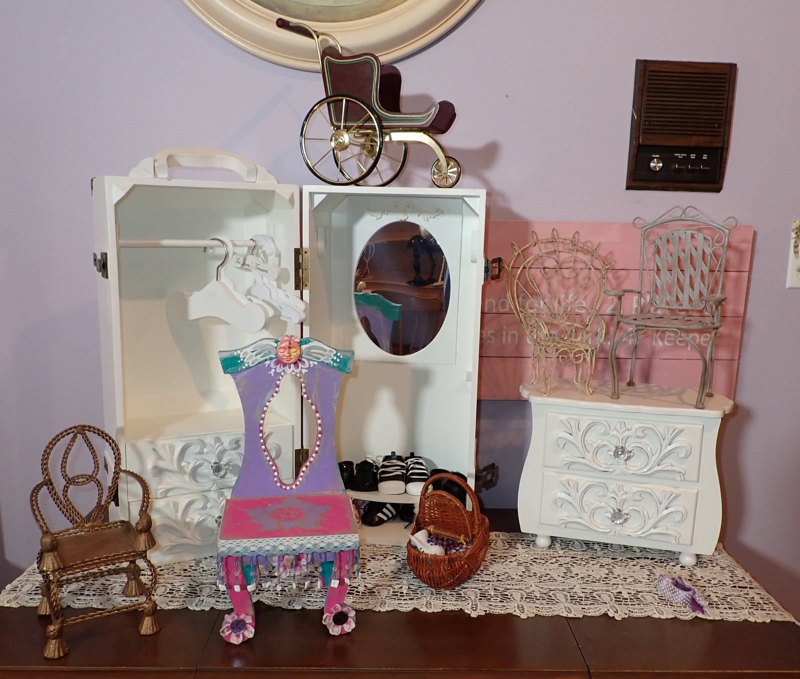 The Queen's Treasure's Doll Wardobe Chest & Chairs: Wardobe is approx 20 1/2" tall. Includes Tea Set Pieces , shoes, and stroller, & tote. No shipping ! Buyer to remove from second floor.