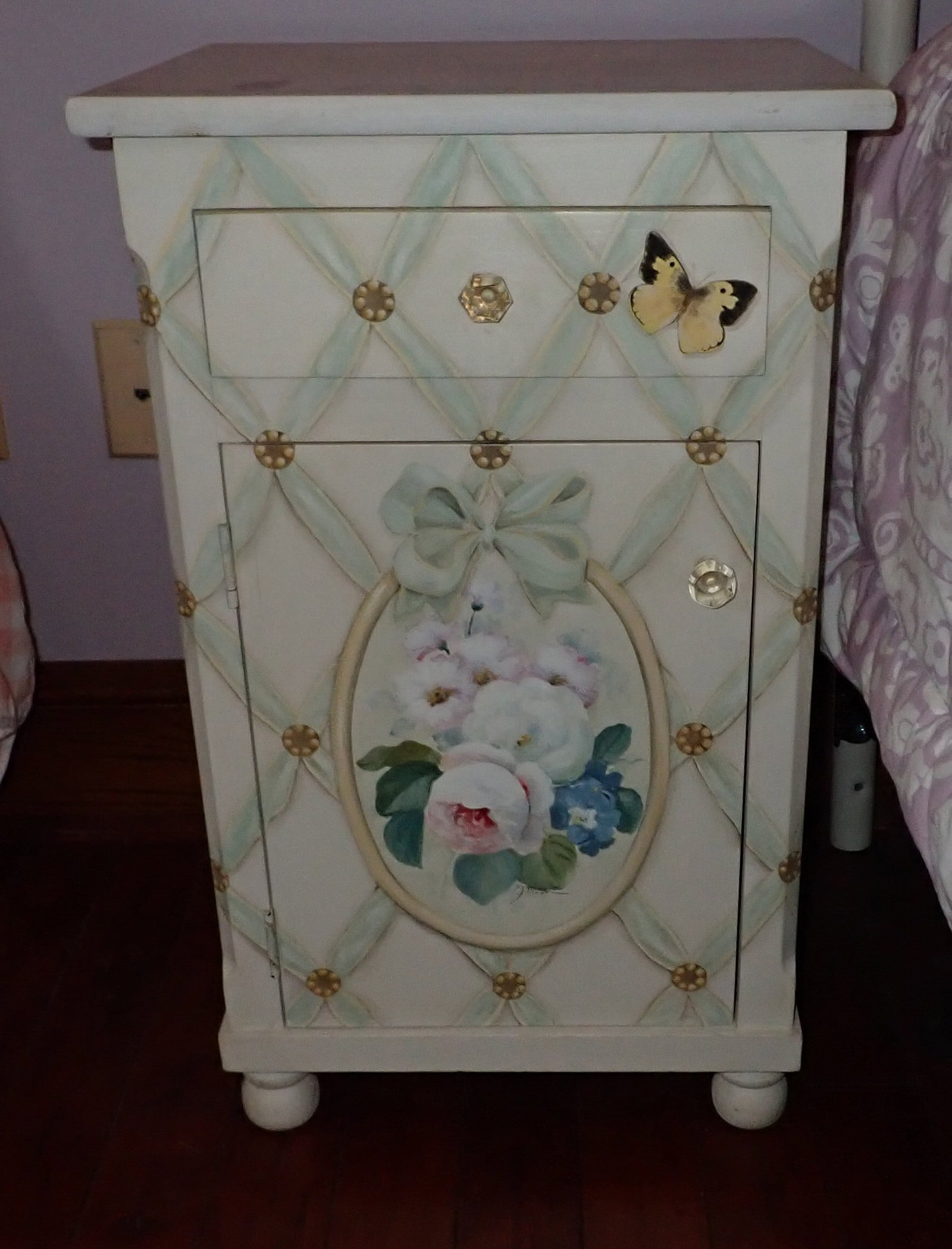 Night Stand w/ Butterflies & Flowers: Approx 14 1/4" x 16 1/2" x 27" tall. No shipping !!