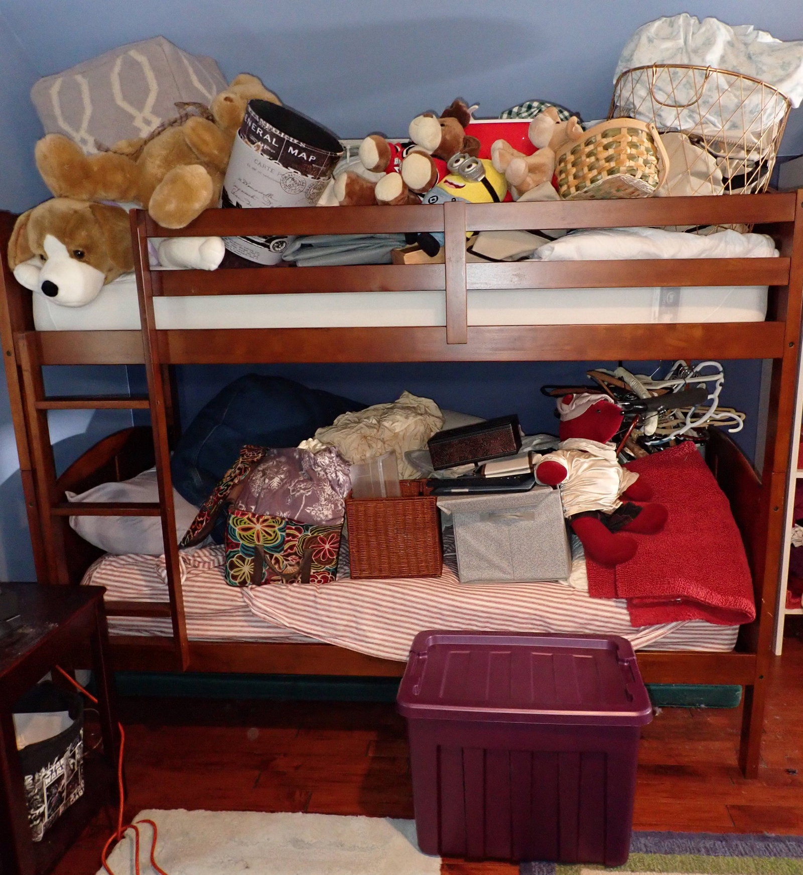 Contents of Bunk Bed: Includes everything on bunk bed. Does not include bunk bed. Must take all and have removed from second floor BEFORE 1pm. No shipping !